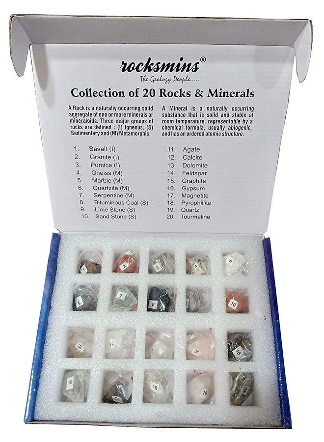 Rocksmins Set of 20 Handpicked Rocks and Minerals Specimens in Storage Tray With Beautiful Color Box - Educational Science Kit for School - Image 1